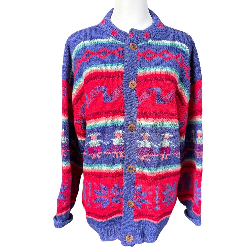 Vtg Hand Knit Bolivia 100% Lambswool Cardigan Sz L Blue Red Folk Art Fair Isle